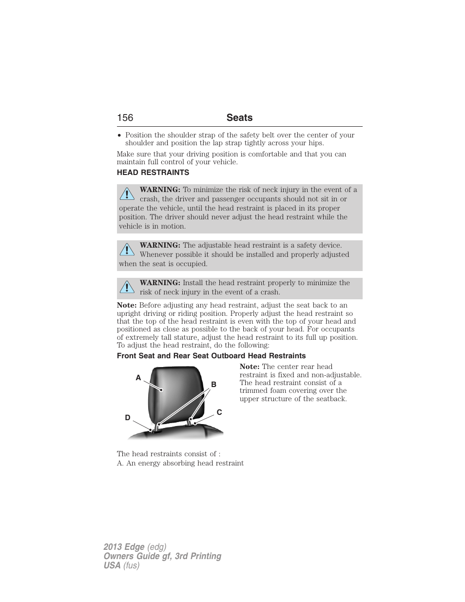 Head restraints, Front seat and rear seat outboard head restraints, 156 seats | FORD 2013 Edge v.3 User Manual | Page 157 / 521