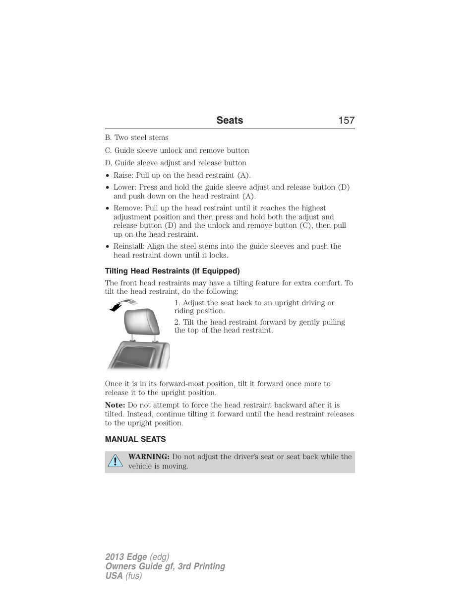 Tilting head restraints (if equipped), Manual seats, Front manual seats | Seats 157 | FORD 2013 Edge v.3 User Manual | Page 158 / 521