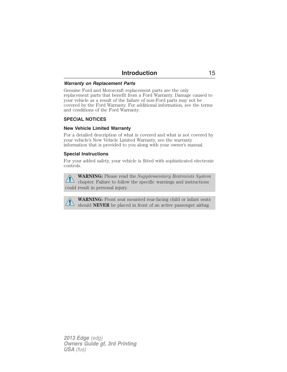 Warranty on replacement parts, Special notices, New vehicle limited warranty | Special instructions, Introduction 15 | FORD 2013 Edge v.3 User Manual | Page 16 / 521