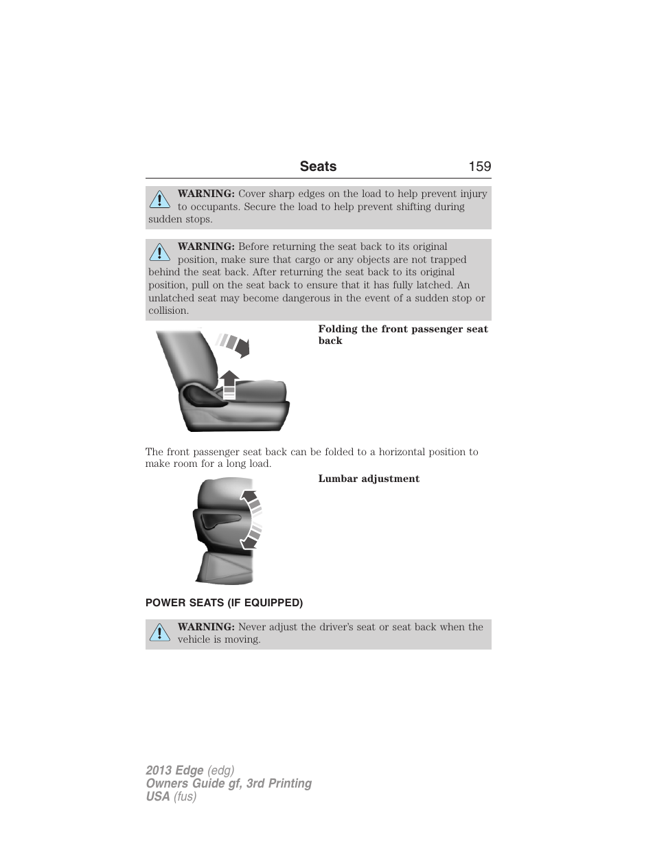 Power seats (if equipped), Power seats, Seats 159 | FORD 2013 Edge v.3 User Manual | Page 160 / 521