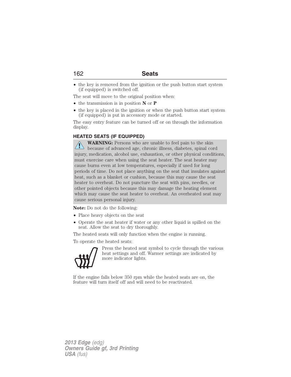 Heated seats (if equipped), Heated seats, 162 seats | FORD 2013 Edge v.3 User Manual | Page 163 / 521