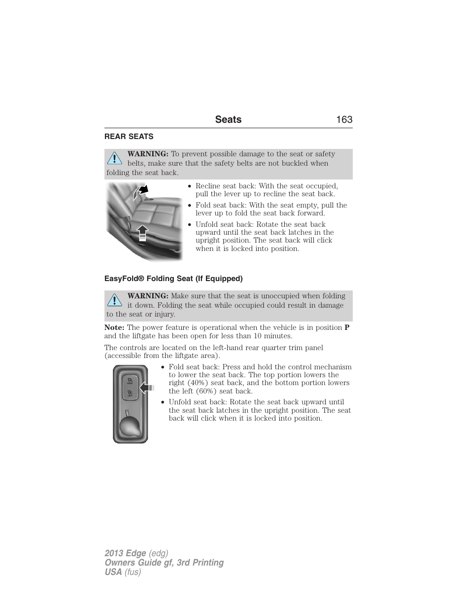 Rear seats, Easyfold® folding seat (if equipped), Seats 163 | FORD 2013 Edge v.3 User Manual | Page 164 / 521