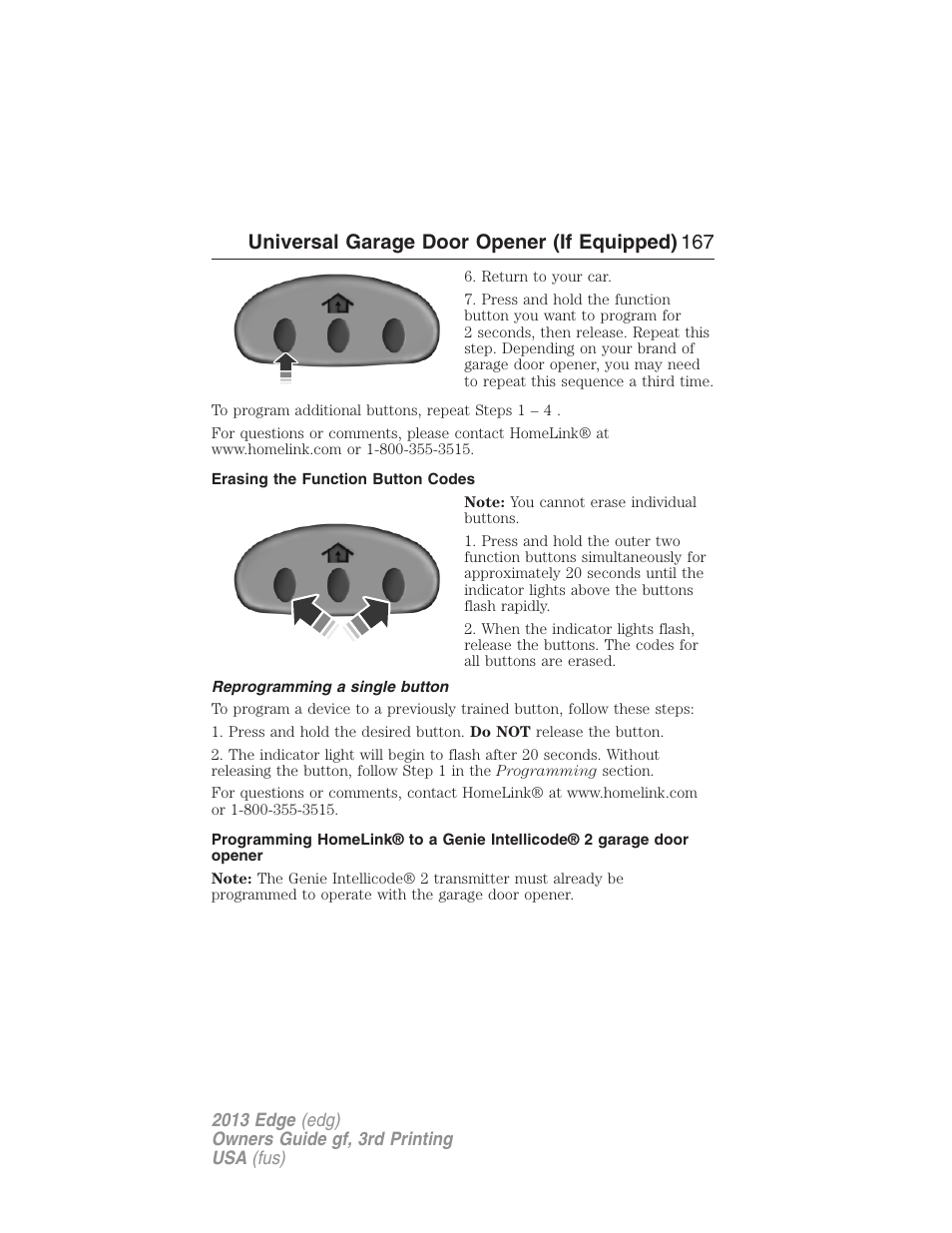 Erasing the function button codes, Reprogramming a single button, Universal garage door opener (if equipped) 167 | FORD 2013 Edge v.3 User Manual | Page 168 / 521