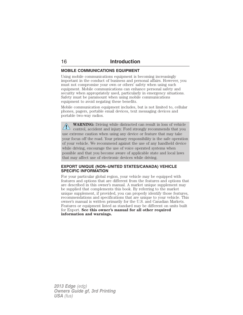 Mobile communications equipment, 16 introduction | FORD 2013 Edge v.3 User Manual | Page 17 / 521