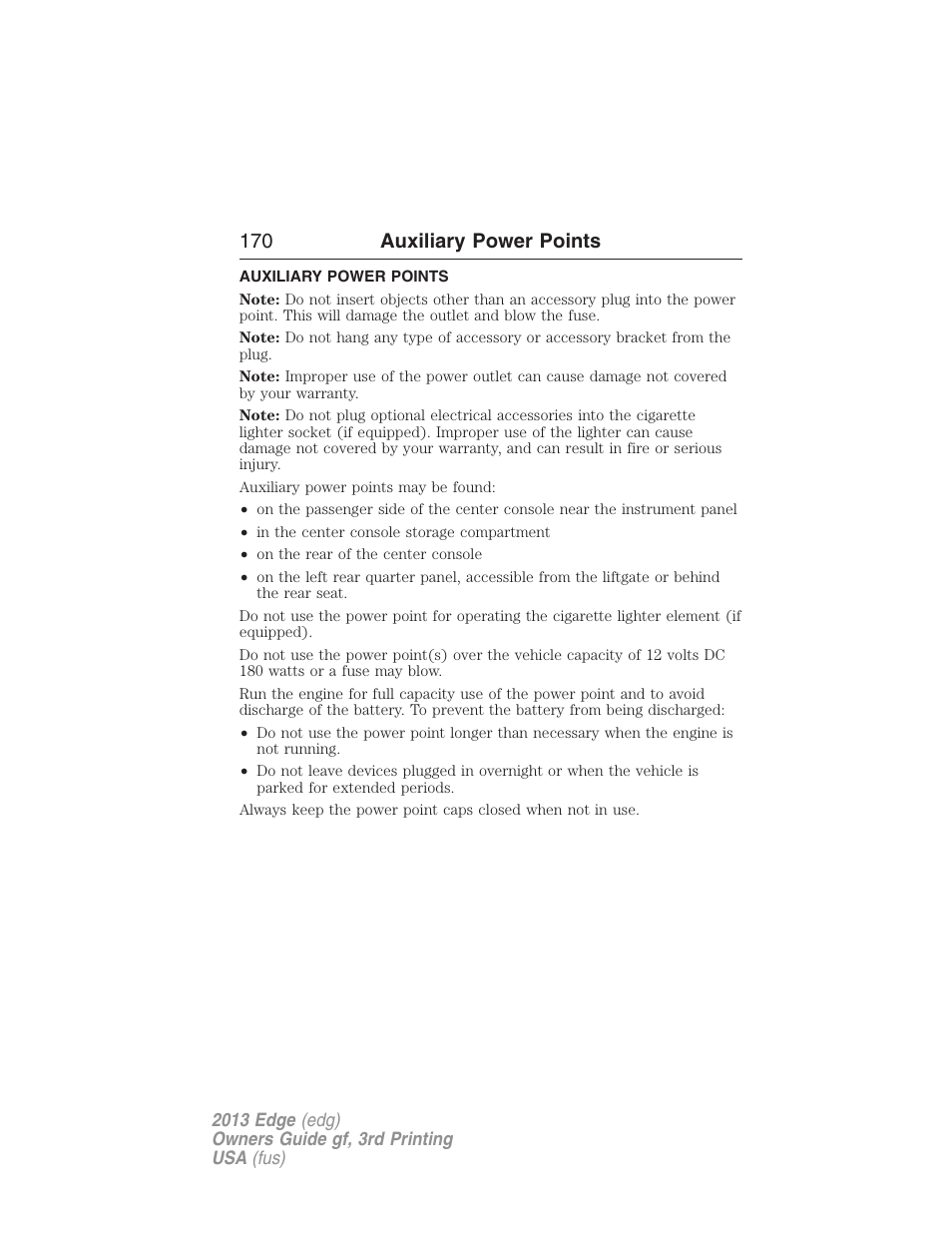 Auxiliary power points, 170 auxiliary power points | FORD 2013 Edge v.3 User Manual | Page 171 / 521