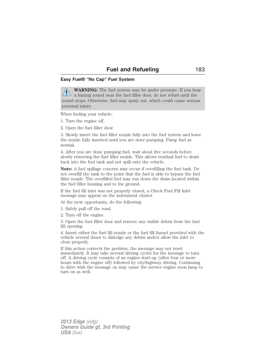 Easy fuel® “no cap” fuel system, Fuel and refueling 183 | FORD 2013 Edge v.3 User Manual | Page 184 / 521