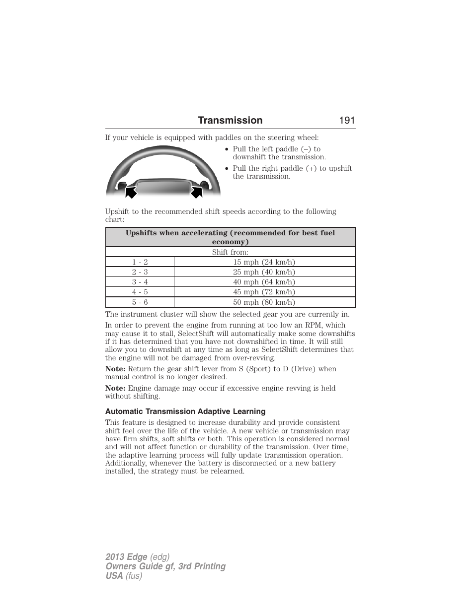 Automatic transmission adaptive learning, Transmission 191 | FORD 2013 Edge v.3 User Manual | Page 192 / 521