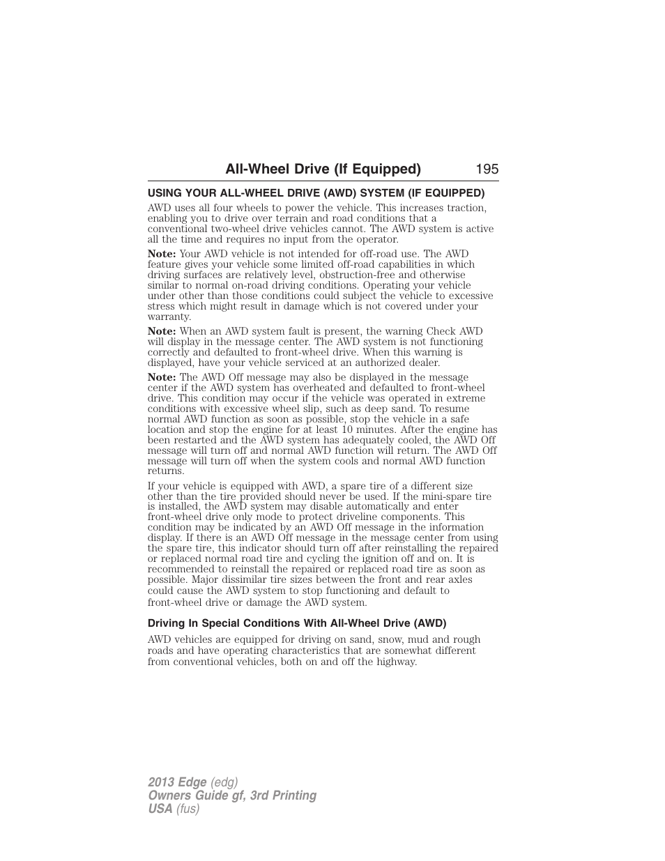 All-wheel drive (if equipped), All wheel drive, All-wheel drive (if equipped) 195 | FORD 2013 Edge v.3 User Manual | Page 196 / 521