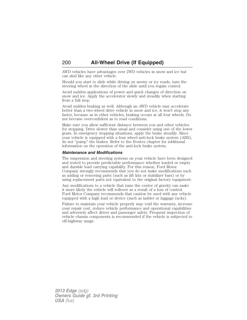 Maintenance and modifications, 200 all-wheel drive (if equipped) | FORD 2013 Edge v.3 User Manual | Page 201 / 521