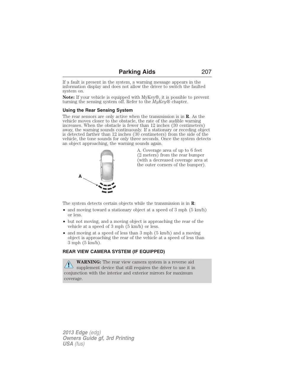Using the rear sensing system, Rear view camera system (if equipped), Rear-view camera system | Parking aids 207 | FORD 2013 Edge v.3 User Manual | Page 208 / 521