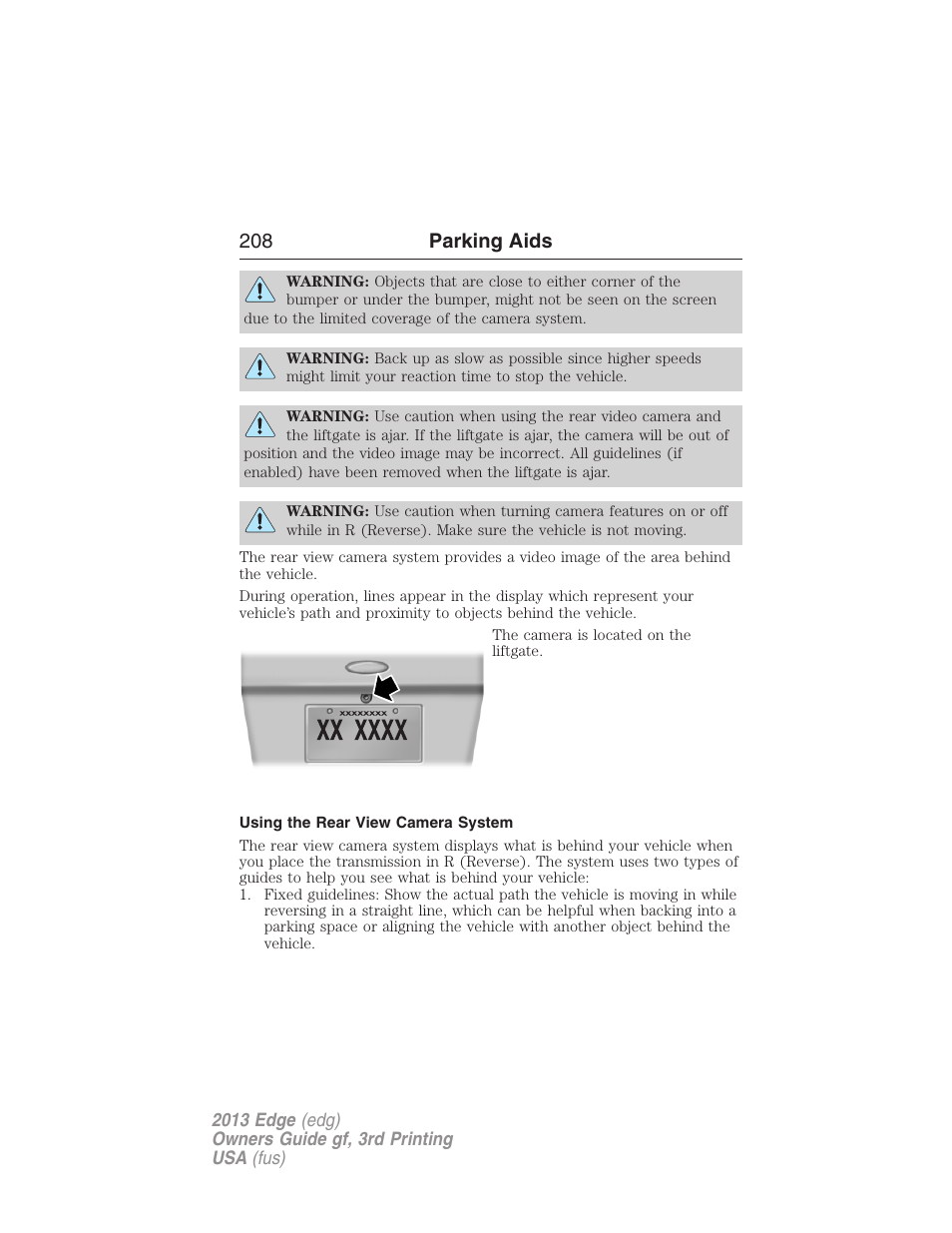 Using the rear view camera system, 208 parking aids | FORD 2013 Edge v.3 User Manual | Page 209 / 521