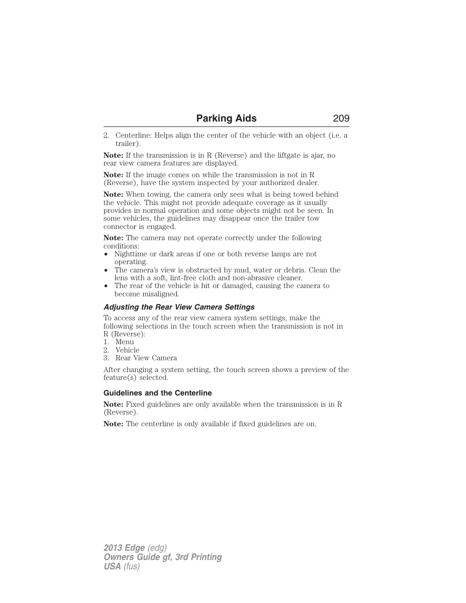 Adjusting the rear view camera settings, Guidelines and the centerline, Parking aids 209 | FORD 2013 Edge v.3 User Manual | Page 210 / 521