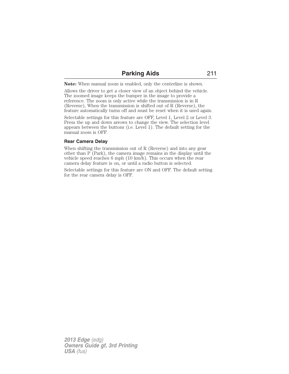 Rear camera delay, Parking aids 211 | FORD 2013 Edge v.3 User Manual | Page 212 / 521