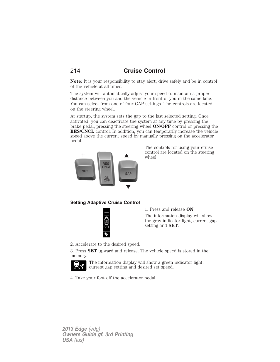 Setting adaptive cruise control, 214 cruise control | FORD 2013 Edge v.3 User Manual | Page 215 / 521
