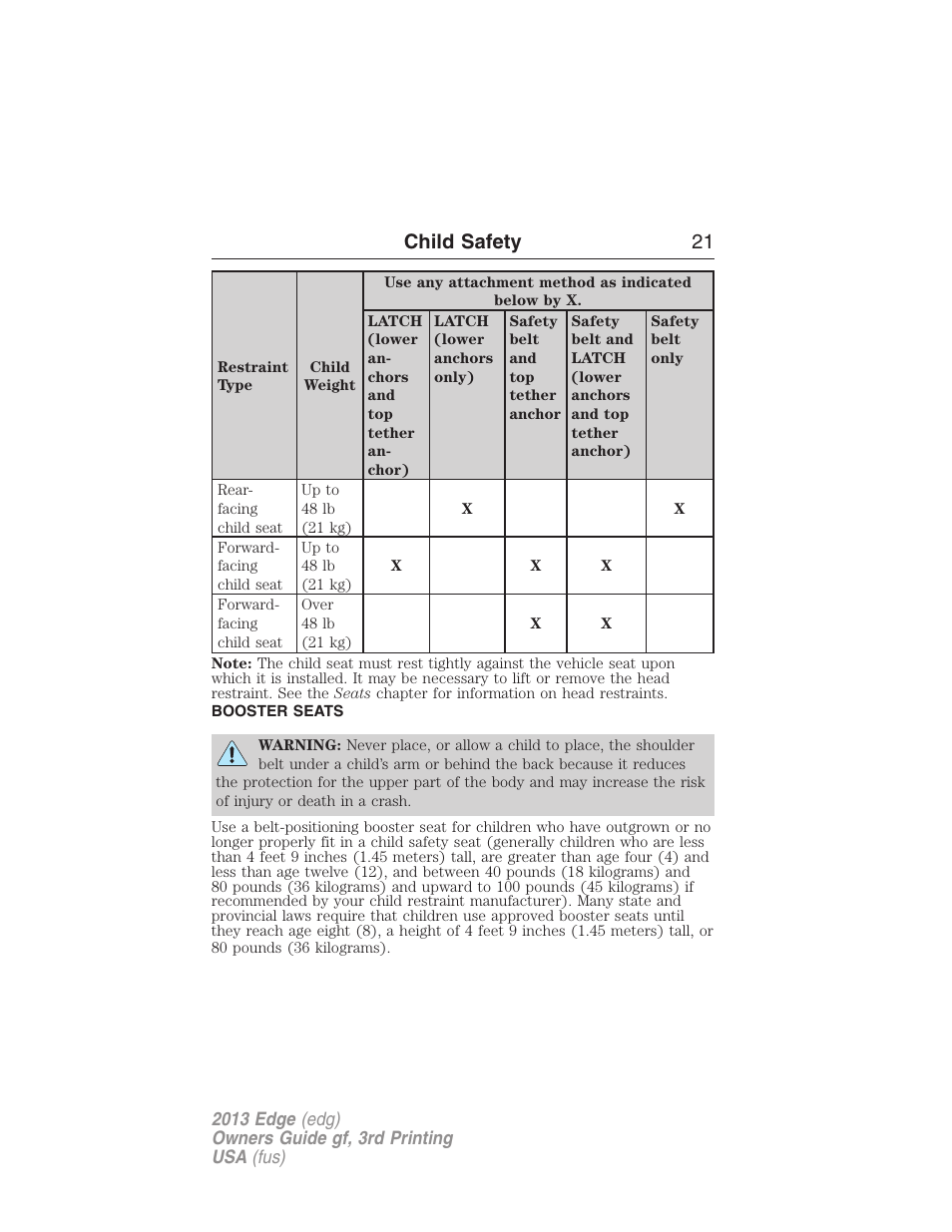 Booster seats, Child safety 21 | FORD 2013 Edge v.3 User Manual | Page 22 / 521