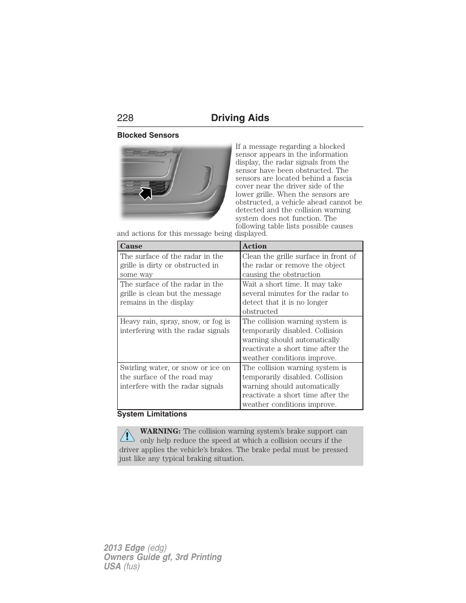 Blocked sensors, System limitations, 228 driving aids | FORD 2013 Edge v.3 User Manual | Page 229 / 521