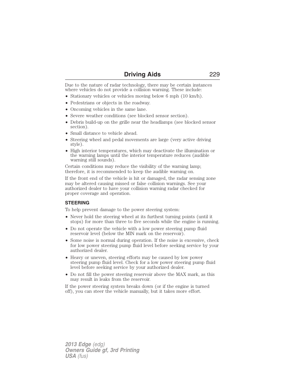 Steering, Driving aids 229 | FORD 2013 Edge v.3 User Manual | Page 230 / 521