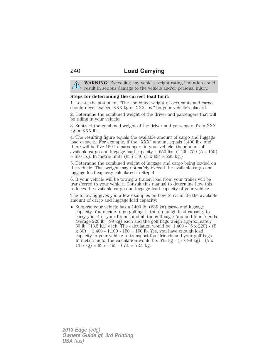 240 load carrying | FORD 2013 Edge v.3 User Manual | Page 241 / 521