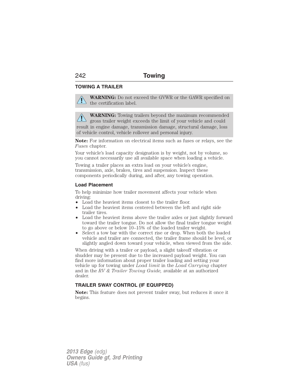 Towing, Towing a trailer, Load placement | Trailer sway control (if equipped), Trailer towing, 242 towing | FORD 2013 Edge v.3 User Manual | Page 243 / 521