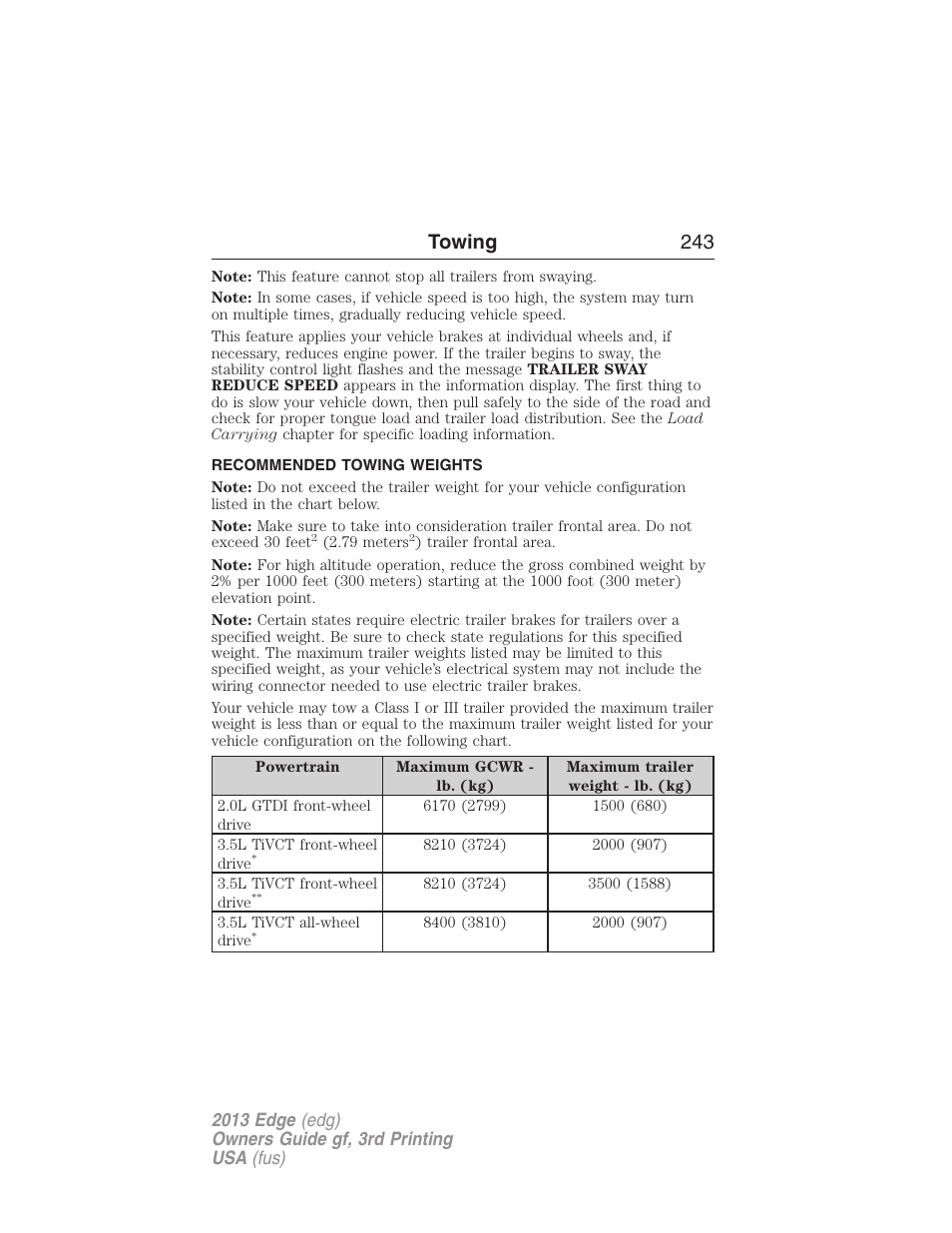 Recommended towing weights, Towing 243 | FORD 2013 Edge v.3 User Manual | Page 244 / 521