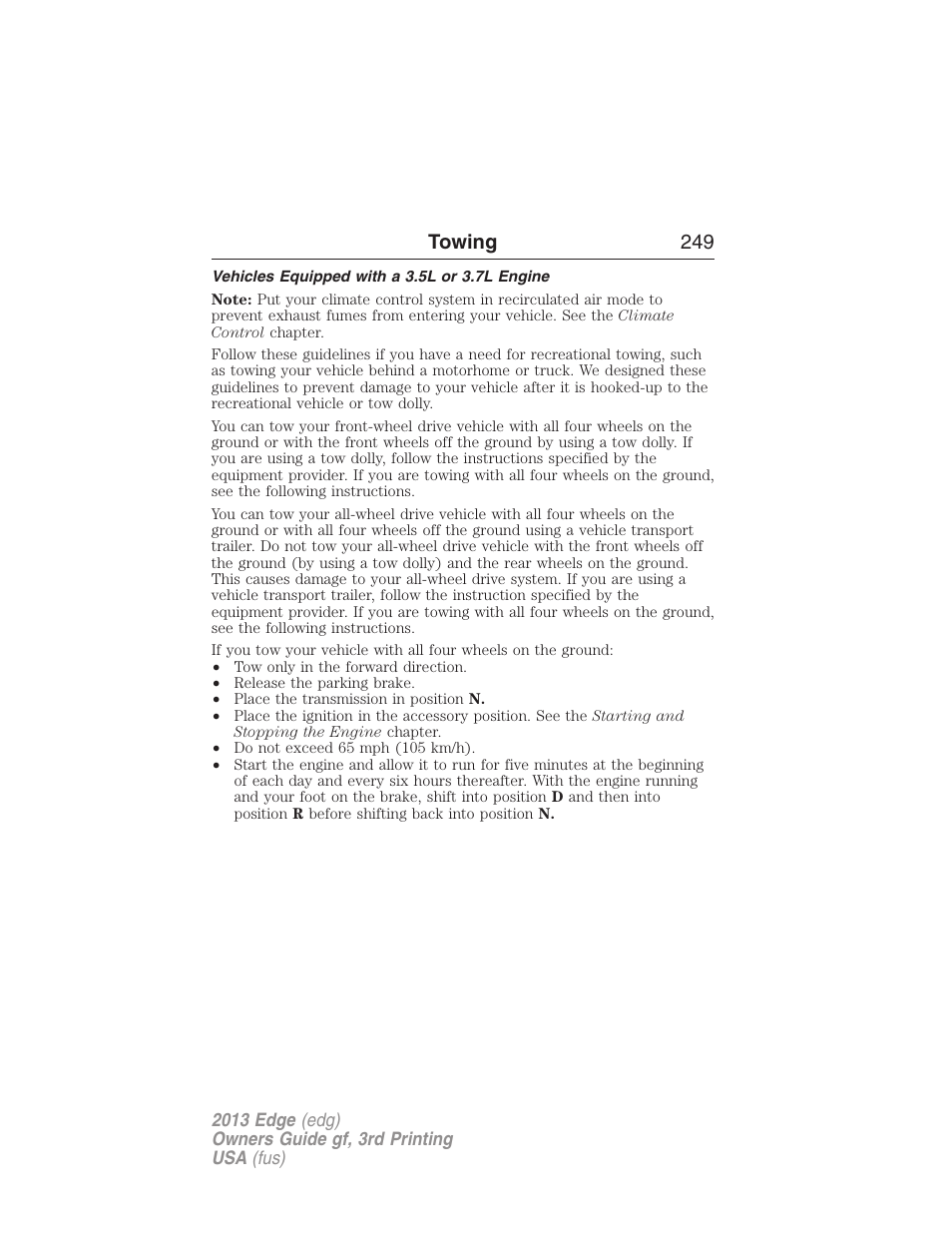 Vehicles equipped with a 3.5l or 3.7l engine, Towing 249 | FORD 2013 Edge v.3 User Manual | Page 250 / 521