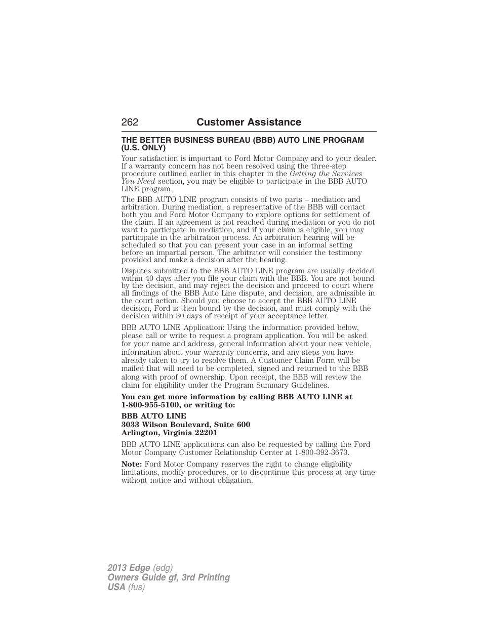 262 customer assistance | FORD 2013 Edge v.3 User Manual | Page 263 / 521