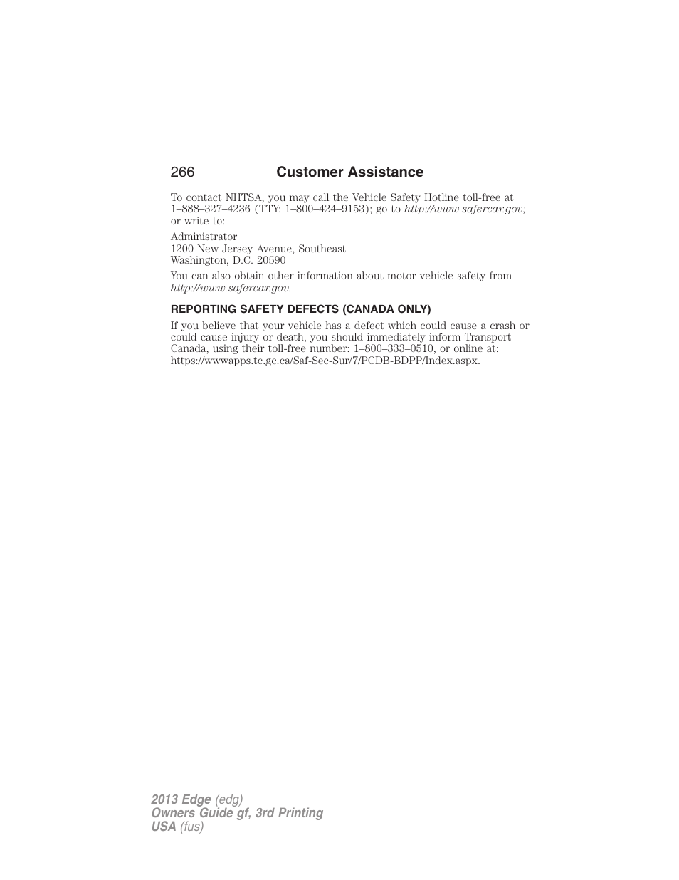 Reporting safety defects (canada only) | FORD 2013 Edge v.3 User Manual | Page 267 / 521