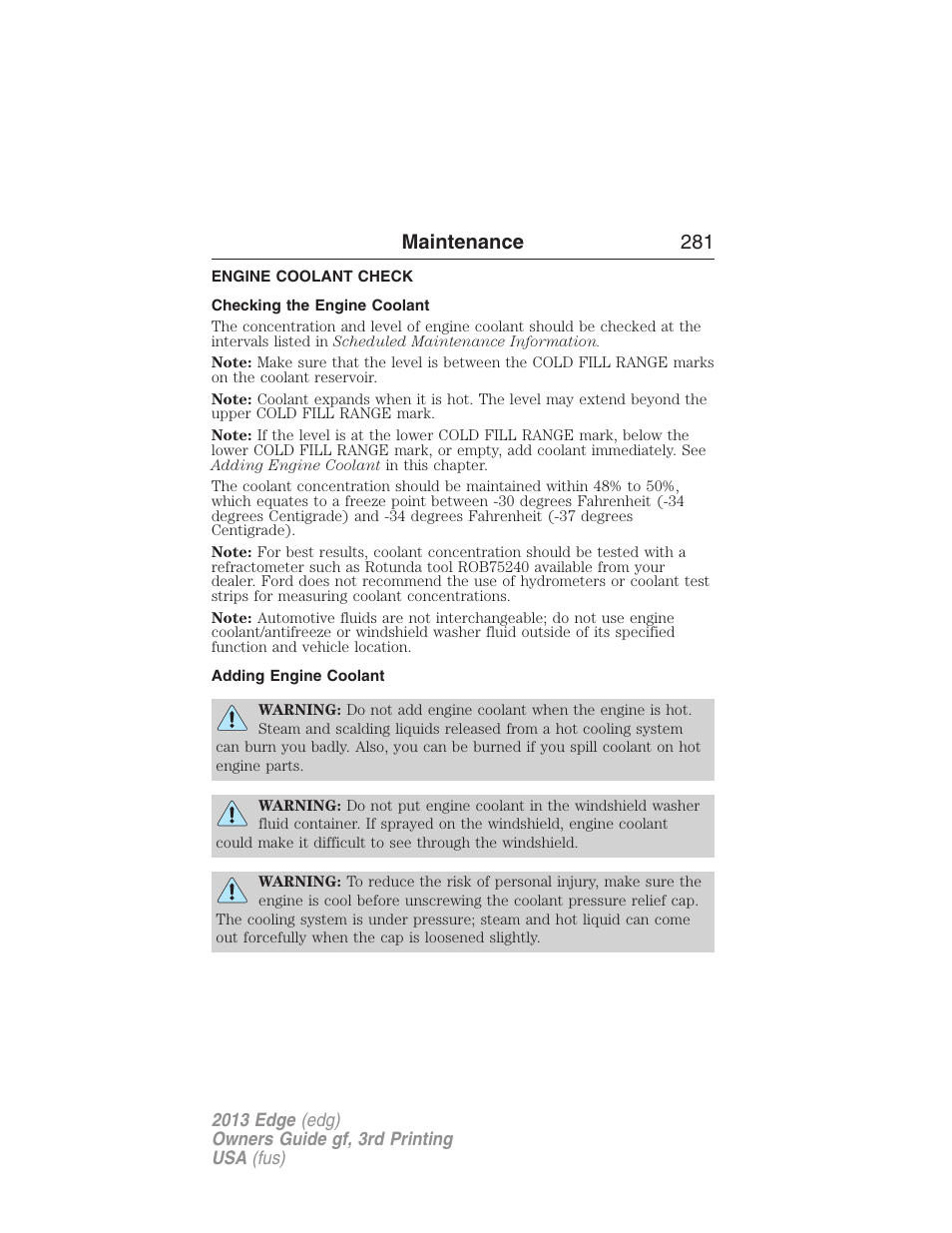 Engine coolant check, Checking the engine coolant, Adding engine coolant | Maintenance 281 | FORD 2013 Edge v.3 User Manual | Page 282 / 521