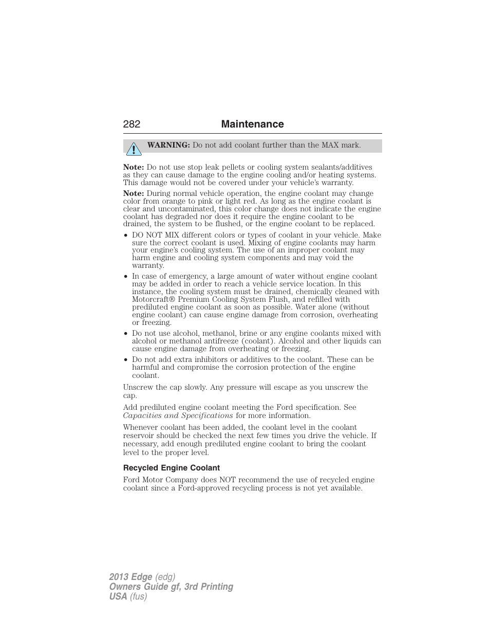 Recycled engine coolant, 282 maintenance | FORD 2013 Edge v.3 User Manual | Page 283 / 521