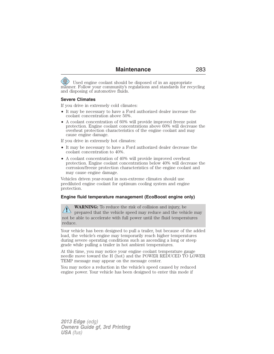 Severe climates, Maintenance 283 | FORD 2013 Edge v.3 User Manual | Page 284 / 521