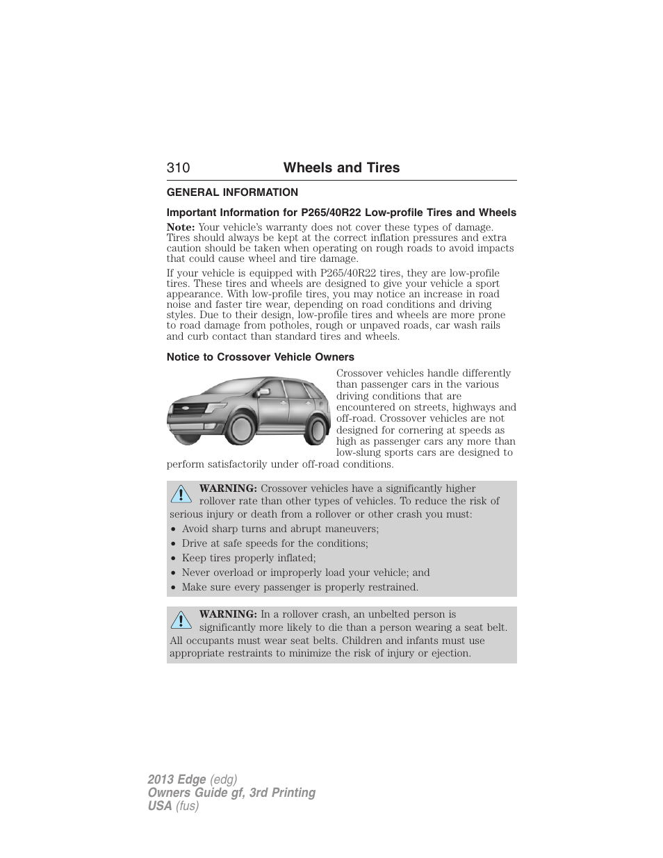 Wheels and tires, General information, Notice to crossover vehicle owners | 310 wheels and tires | FORD 2013 Edge v.3 User Manual | Page 311 / 521