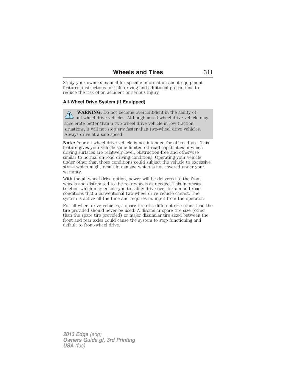 All-wheel drive system (if equipped), Wheels and tires 311 | FORD 2013 Edge v.3 User Manual | Page 312 / 521