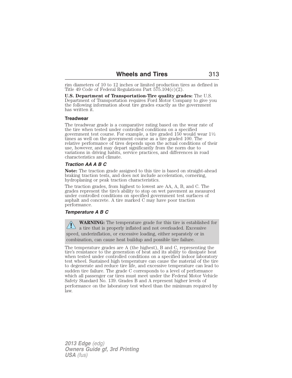 Treadwear, Traction aa a b c, Temperature a b c | Wheels and tires 313 | FORD 2013 Edge v.3 User Manual | Page 314 / 521
