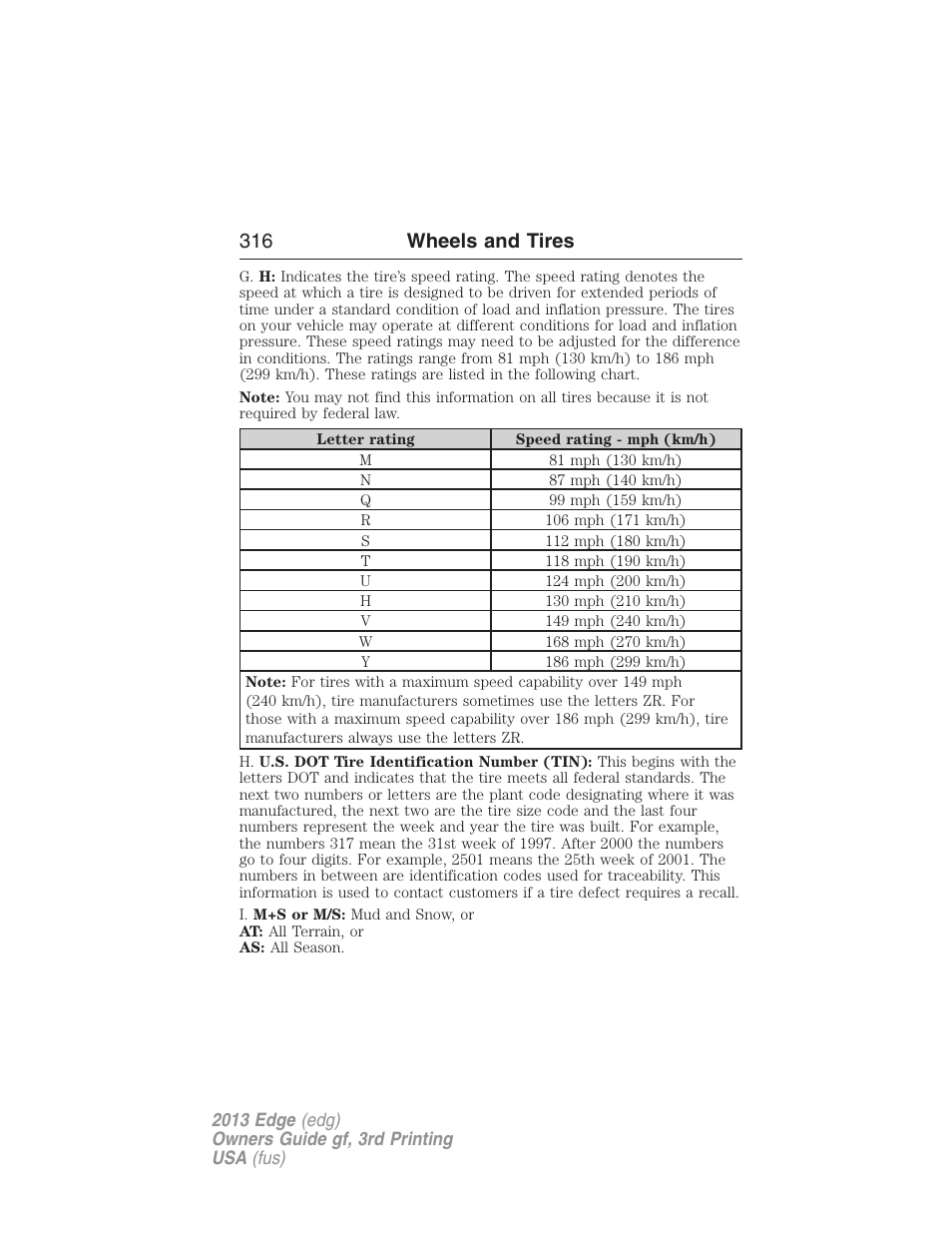 316 wheels and tires | FORD 2013 Edge v.3 User Manual | Page 317 / 521