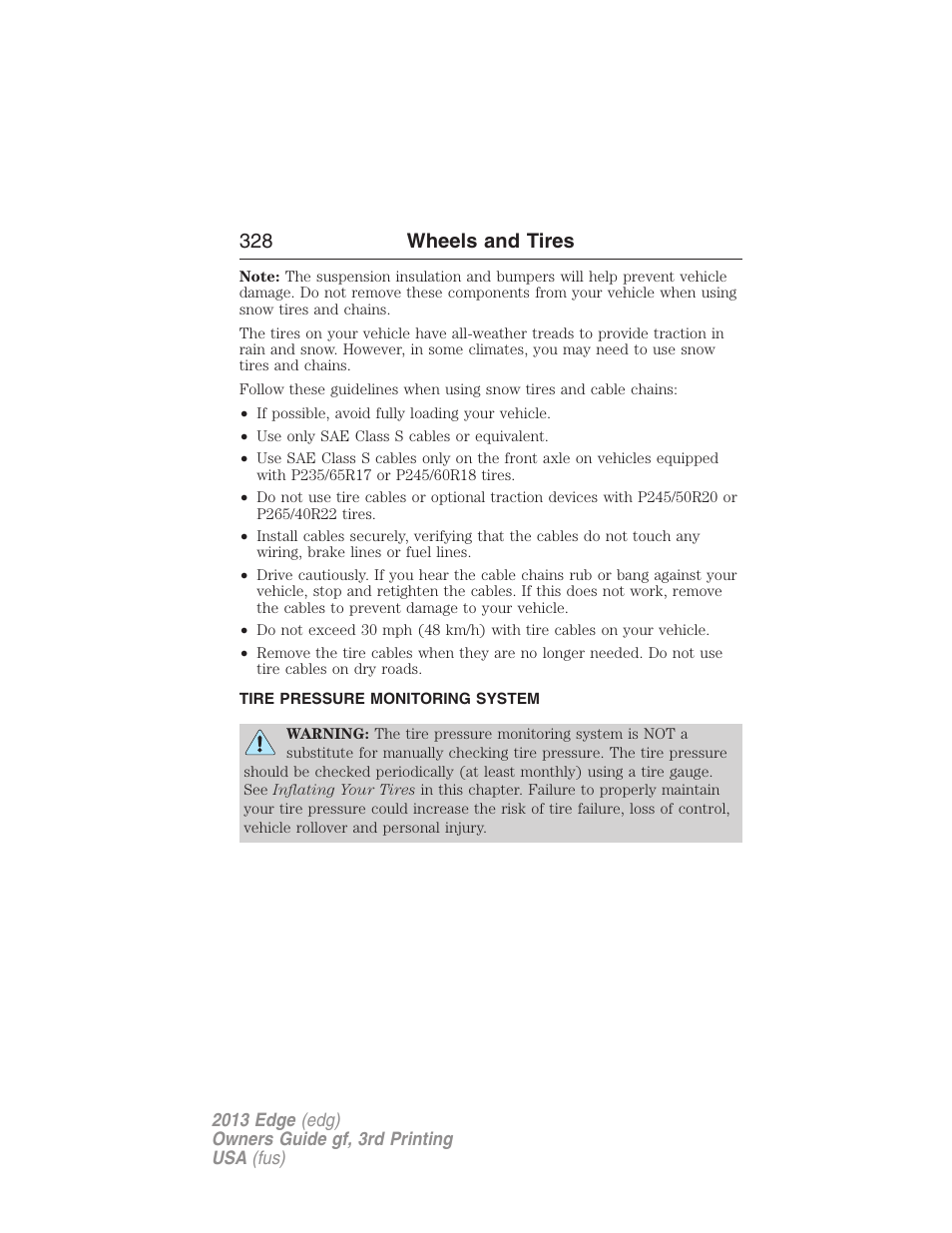 Tire pressure monitoring system, Tire pressure monitoring system (tpms), 328 wheels and tires | FORD 2013 Edge v.3 User Manual | Page 329 / 521