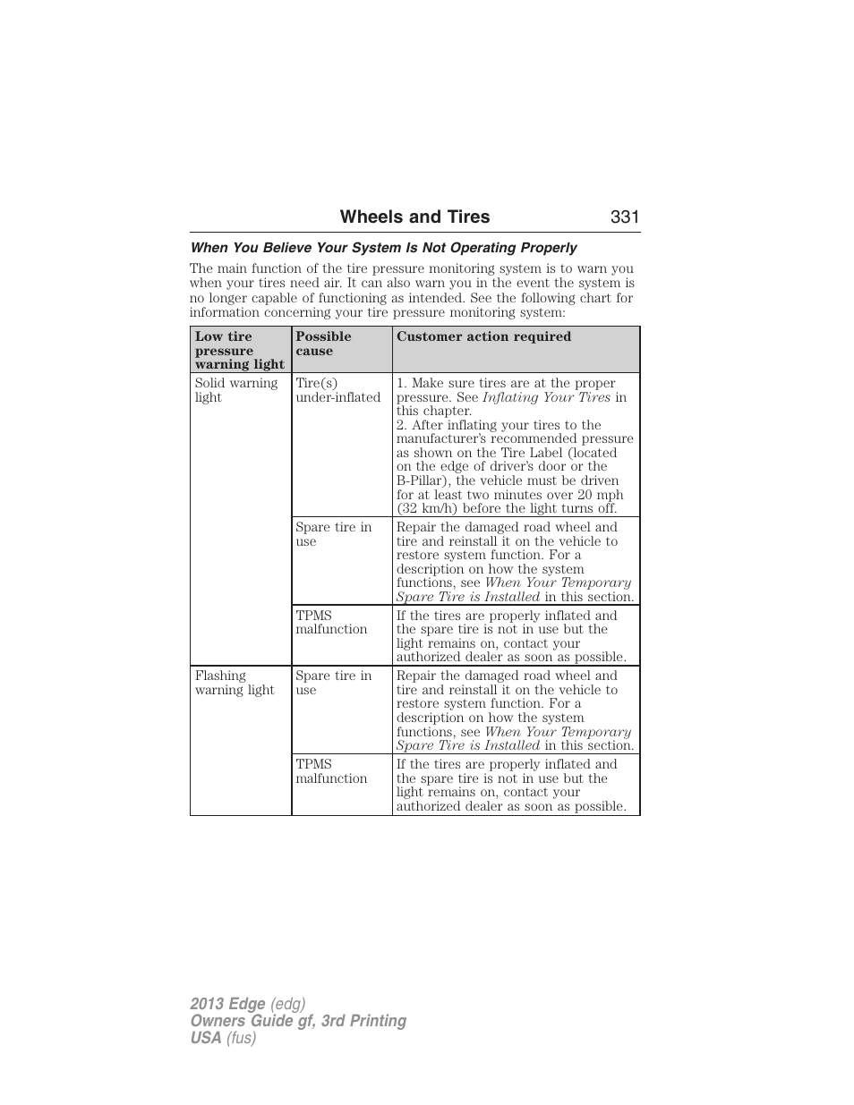 Wheels and tires 331 | FORD 2013 Edge v.3 User Manual | Page 332 / 521