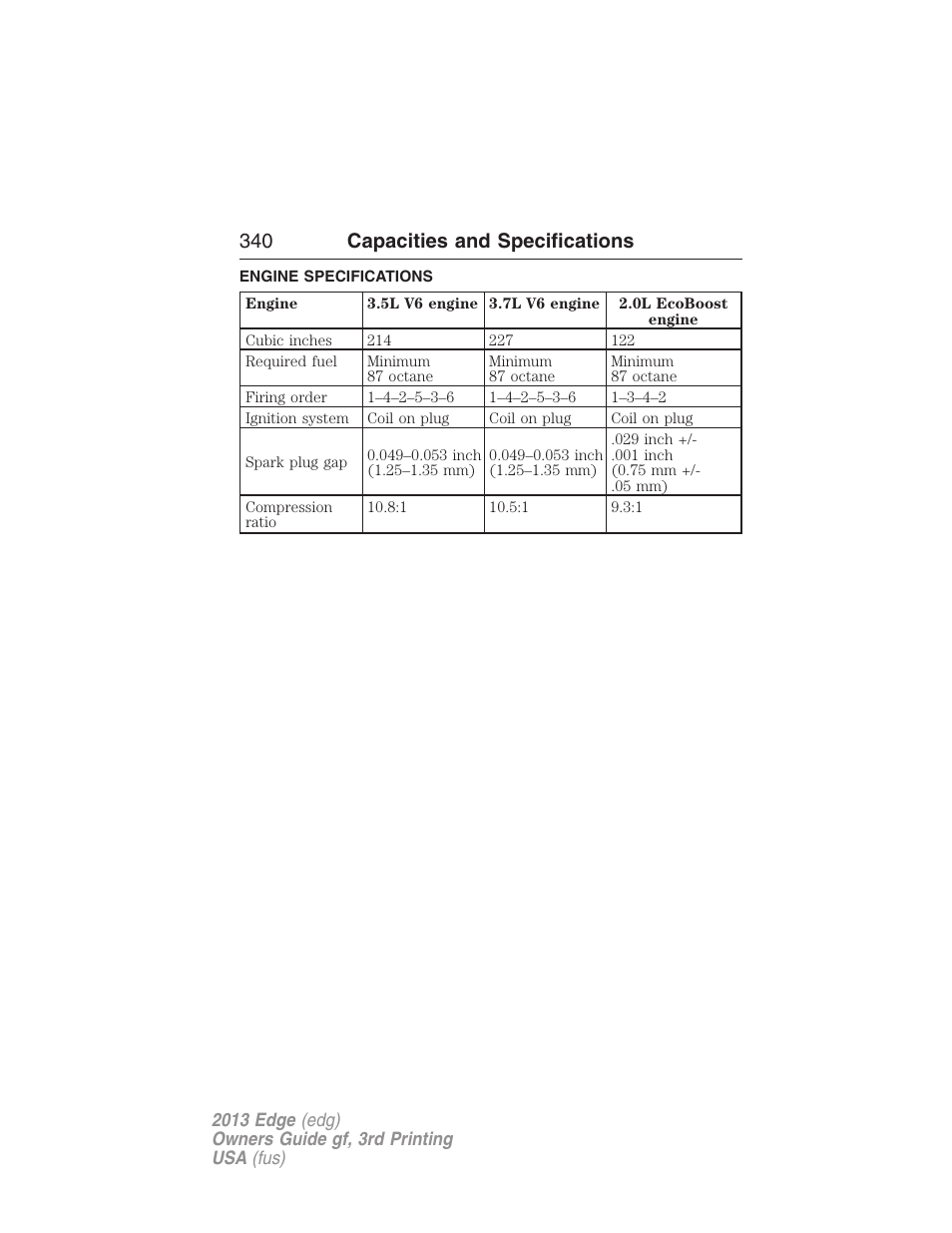 Capacities and specifications, Engine specifications, 340 capacities and specifications | FORD 2013 Edge v.3 User Manual | Page 341 / 521