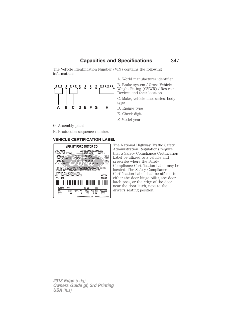 Vehicle certification label, Capacities and specifications 347 | FORD 2013 Edge v.3 User Manual | Page 348 / 521