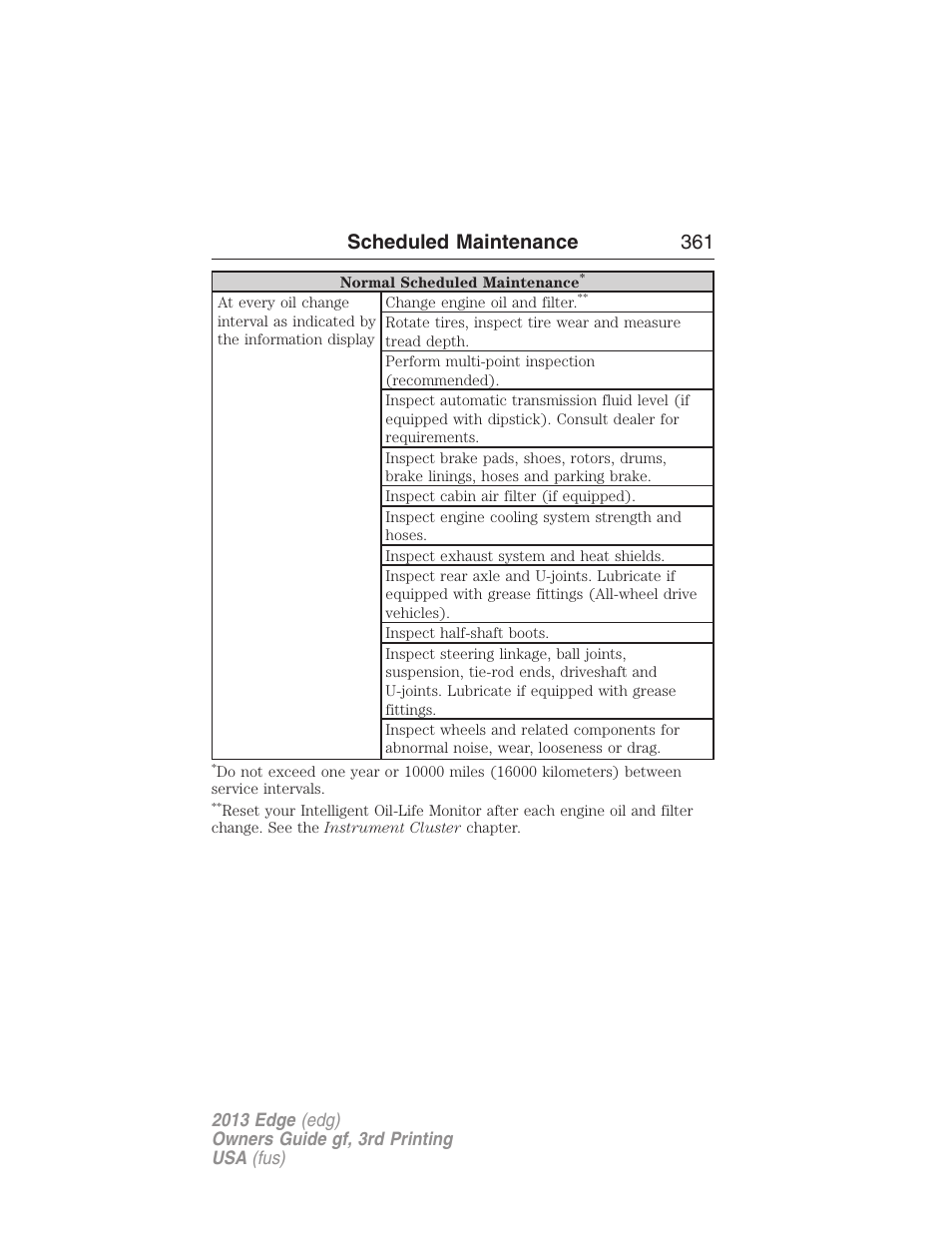 Scheduled maintenance 361 | FORD 2013 Edge v.3 User Manual | Page 362 / 521