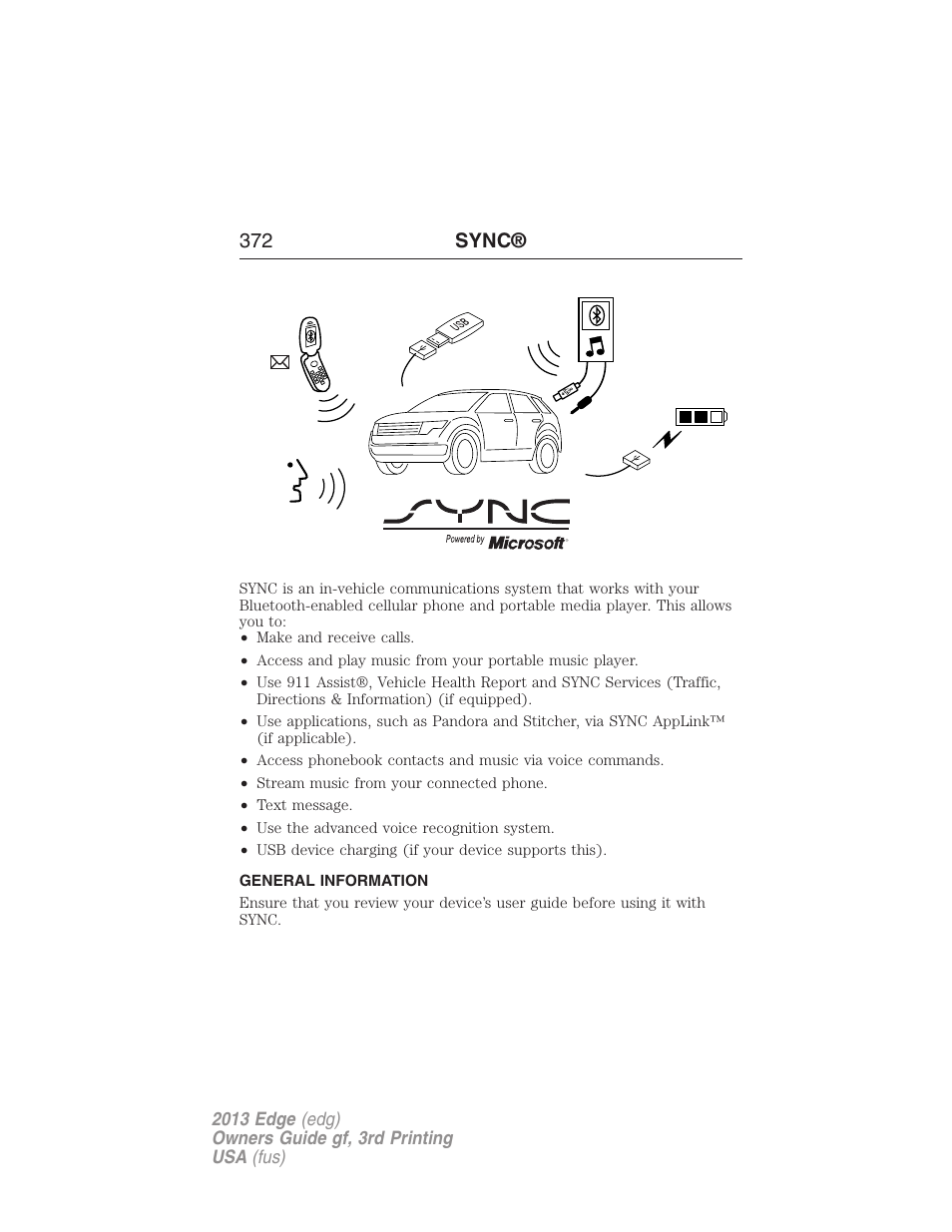 Sync, General information, 372 sync | FORD 2013 Edge v.3 User Manual | Page 373 / 521