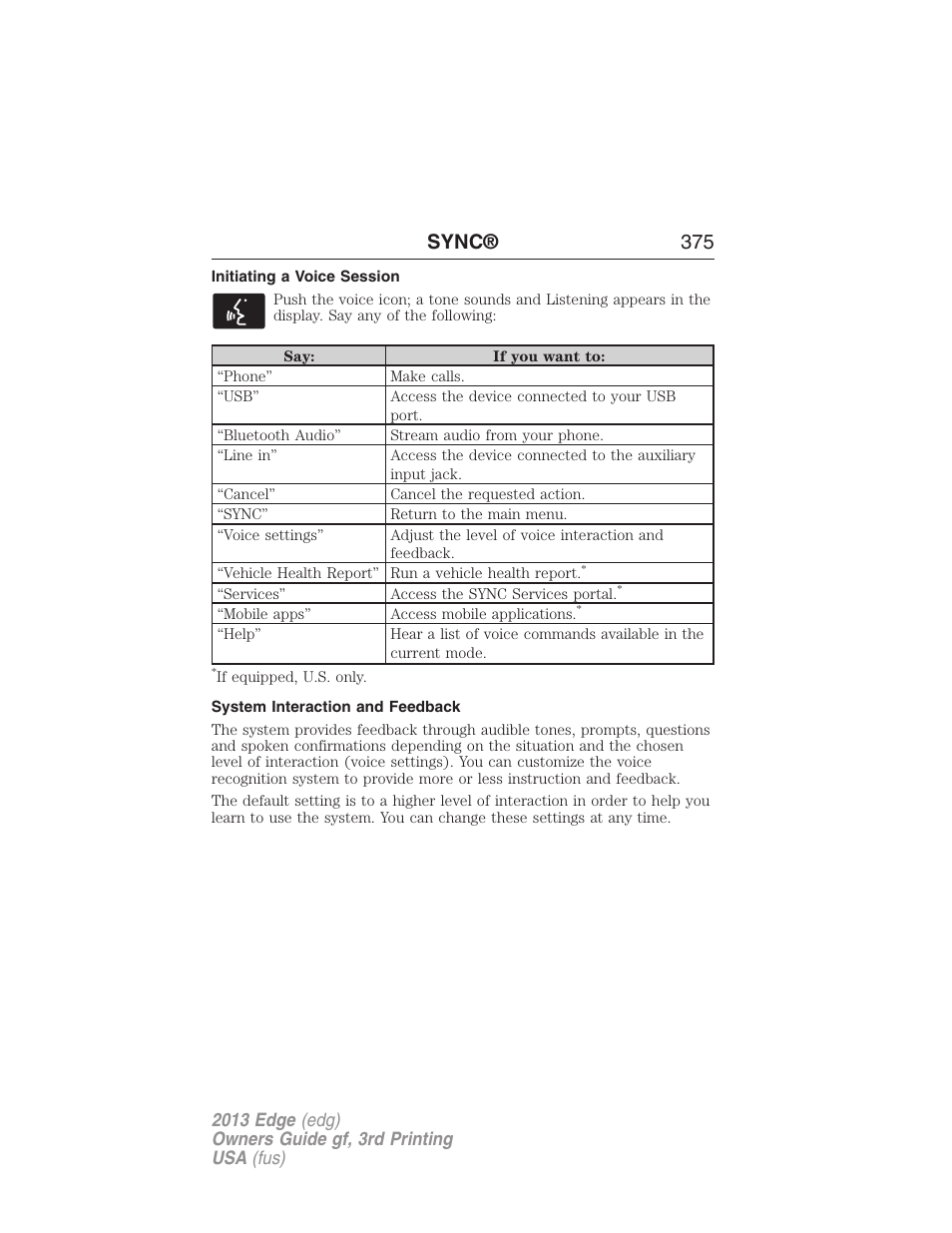 Initiating a voice session, System interaction and feedback, Sync® 375 | FORD 2013 Edge v.3 User Manual | Page 376 / 521