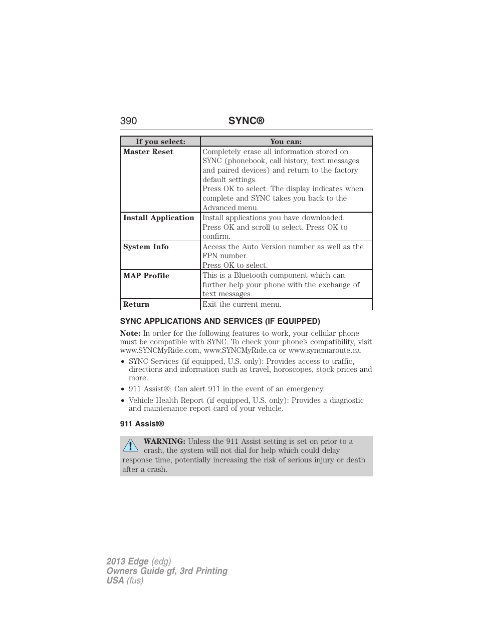 Sync applications and services (if equipped), 911 assist, 390 sync | FORD 2013 Edge v.3 User Manual | Page 391 / 521
