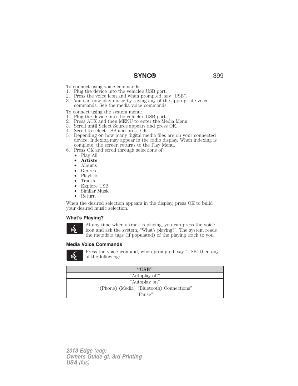 What’s playing, Media voice commands, Sync® 399 | FORD 2013 Edge v.3 User Manual | Page 400 / 521