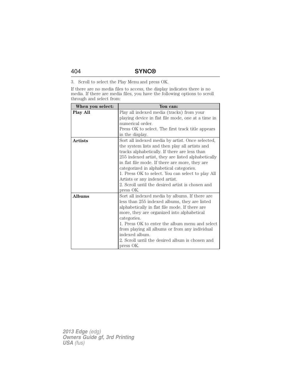 404 sync | FORD 2013 Edge v.3 User Manual | Page 405 / 521