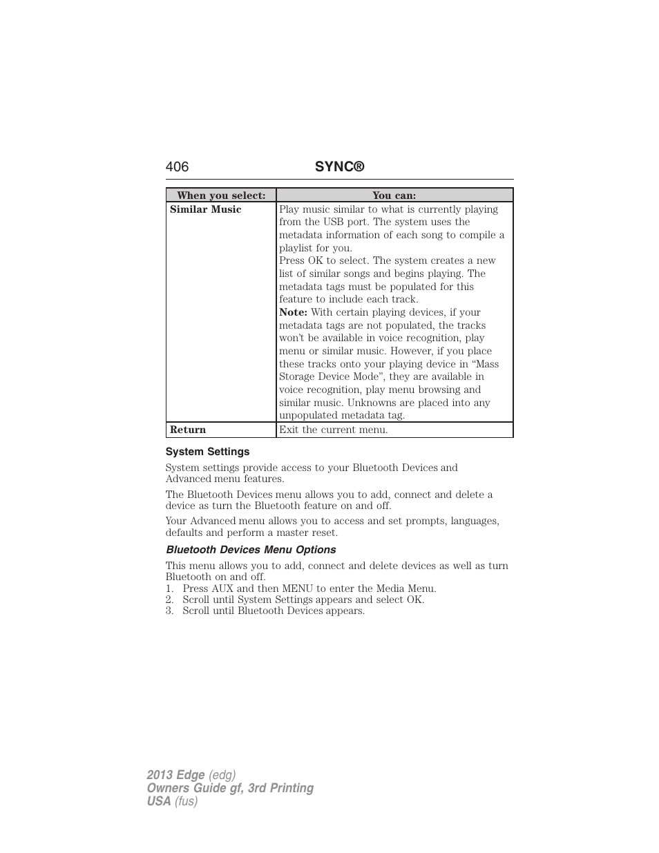 System settings, Bluetooth devices menu options, 406 sync | FORD 2013 Edge v.3 User Manual | Page 407 / 521