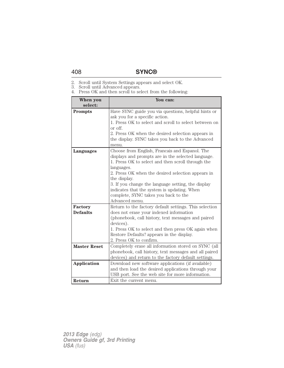 408 sync | FORD 2013 Edge v.3 User Manual | Page 409 / 521
