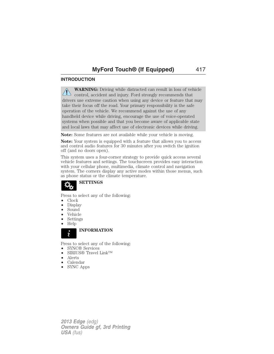 Myford touch® (if equipped), Introduction, Myford touch® (if equipped) 417 | FORD 2013 Edge v.3 User Manual | Page 418 / 521