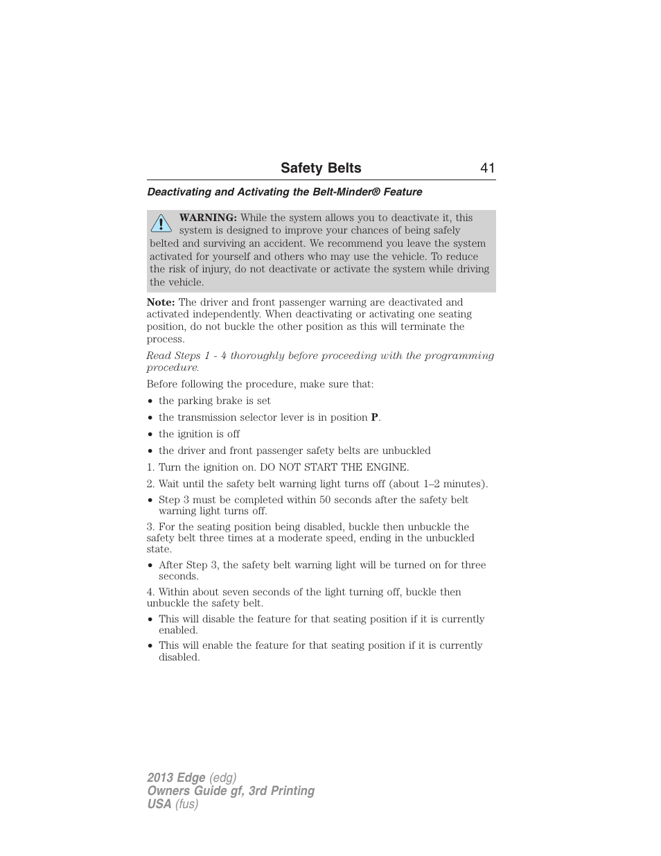 Safety belts 41 | FORD 2013 Edge v.3 User Manual | Page 42 / 521