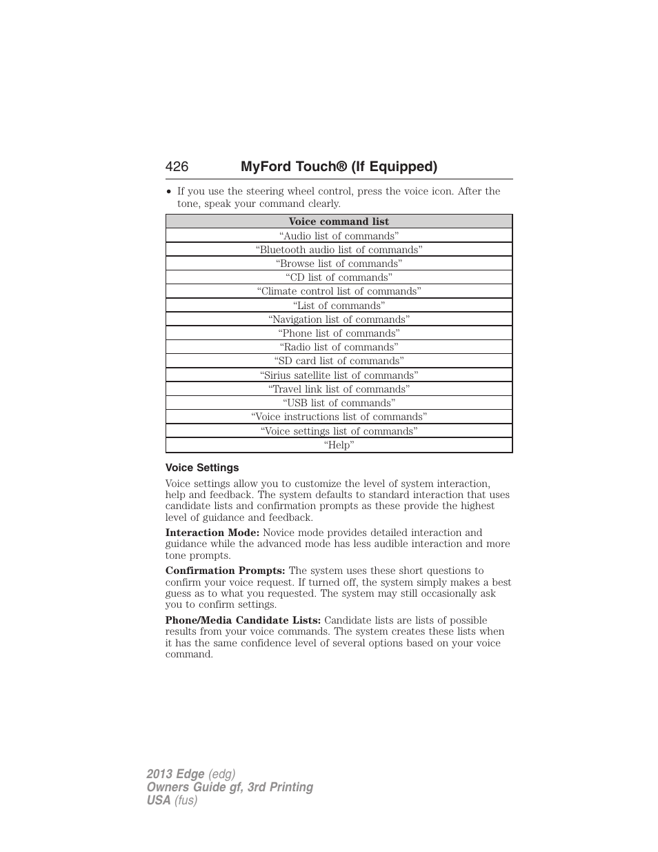Voice settings, 426 myford touch® (if equipped) | FORD 2013 Edge v.3 User Manual | Page 427 / 521