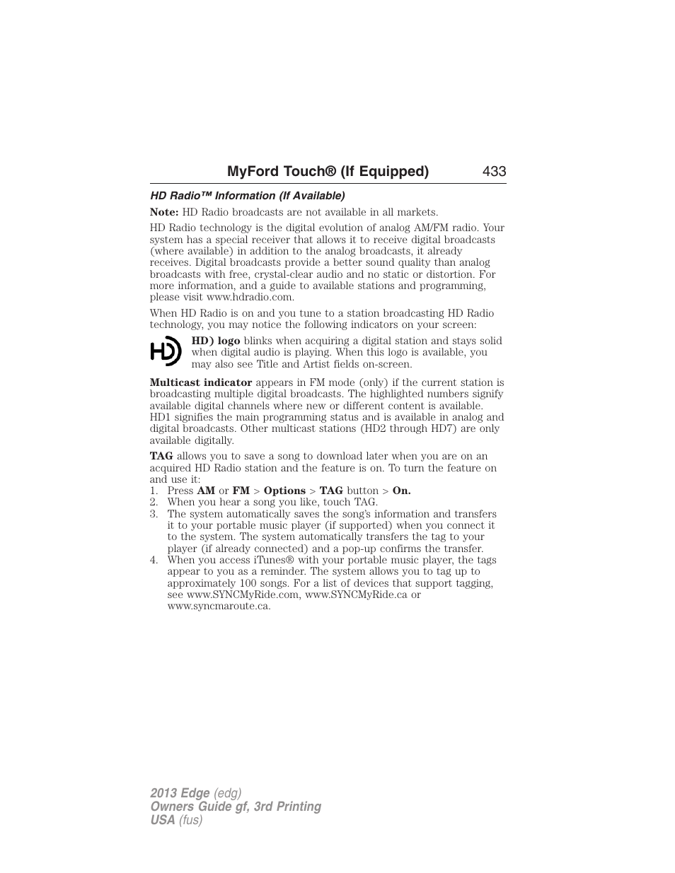 Hd radio™ information (if available), Myford touch® (if equipped) 433 | FORD 2013 Edge v.3 User Manual | Page 434 / 521
